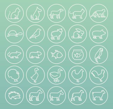 Renk Arkaplanı Üzerinde Çemberler Üzerinde Basit Beyaz İnce Çizgi Hayvanlar 