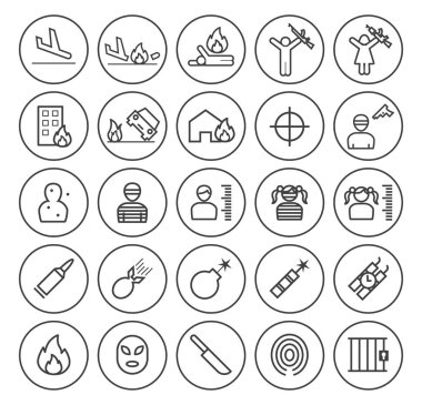 Beyaz Arkaplanda Dairesel Düğmeler Üzerinde Siyah İnce Çizgi Simgeleri Evrensel Standart Asgari Terörizm