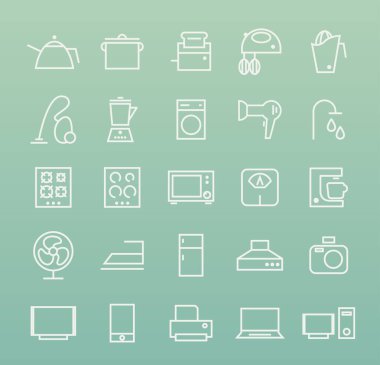 Kaliteli Evrensel Standart Basit Beyaz Ev Aletleri Seti Renk Arkaplanı Üzerine İnce Çizgi Simgeleri.