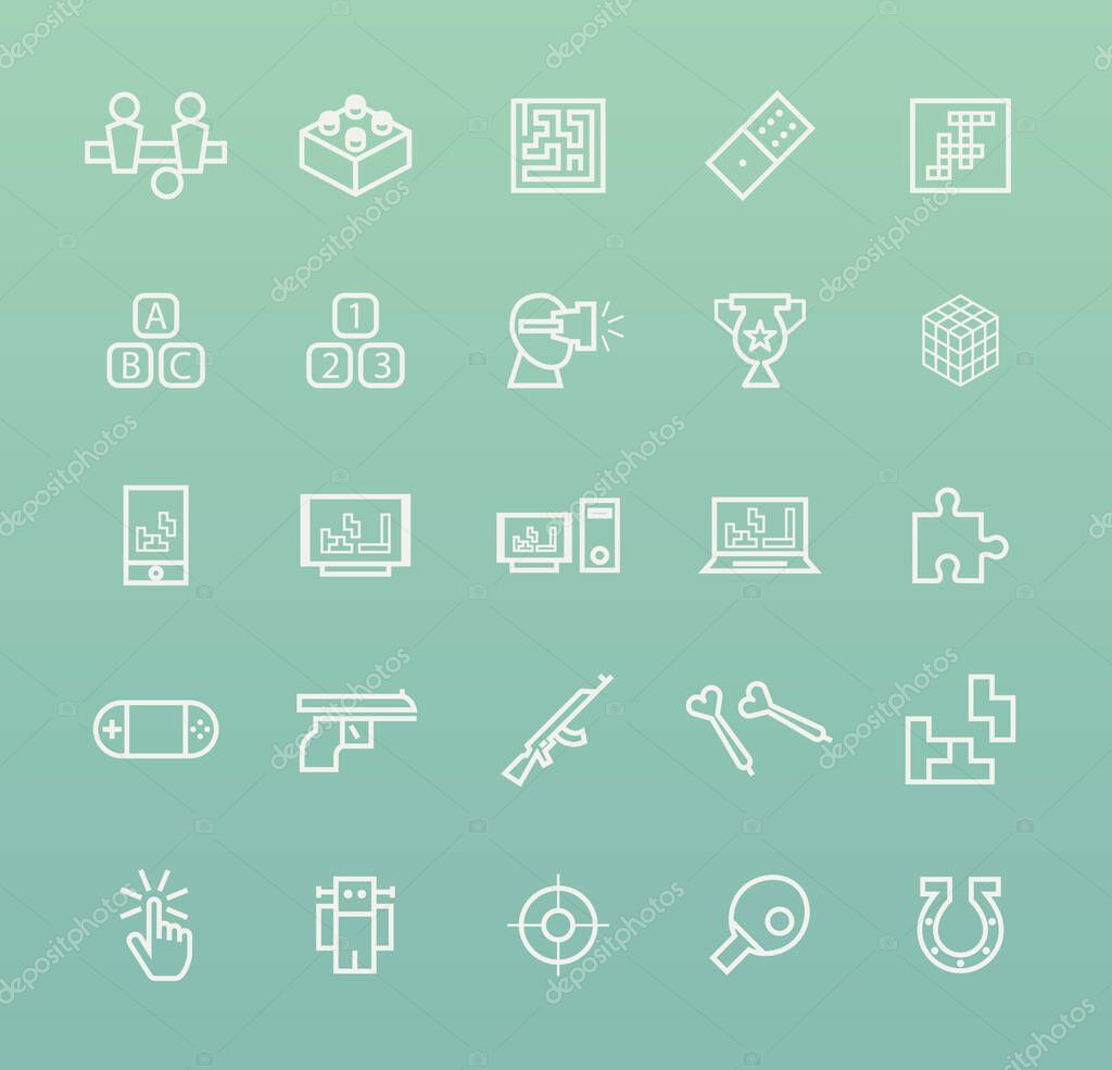 Set of Quality Universal Standard Minimal Simple White Thin Line Games Icons on Color Background