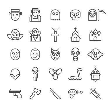 Genel Kalite Standardı Minimum Canavarlar Beyaz Arkaplanda Siyah İnce Çizgi Simgeleri