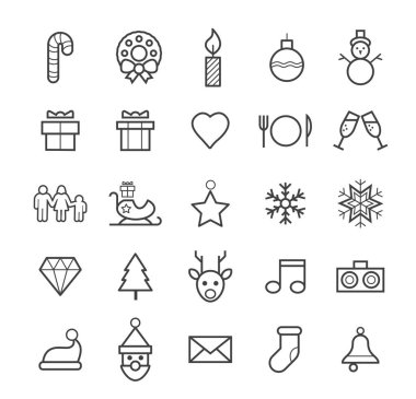 İzole edilmiş Kaliteli Evrensel Minimum Yılbaşı Basit Beyaz Arkaplanda Siyah İnce Çizgi Simgeleri.