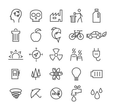 İzole edilmiş Kaliteli Evrensel Asgari Ekoloji Beyaz Arkaplanda Siyah İnce Çizgi Simgeleri.