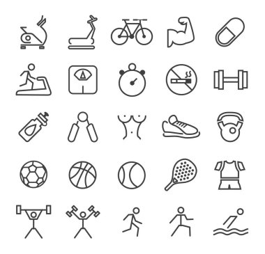 Beyaz Arkaplanda Asgari Basit Siyah Zindelik İnce Çizgi Simgeleri.