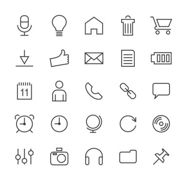 Beyaz Arkaplanda Asgari Basit Çokluortam ve Arayüz İnce Satır Simgeleri kümesi