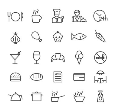 Beyaz Arkaplanda Siyah İnce Çizgili Simgelerin Kaliteli Evrensel Standart Asgari Restoranı.