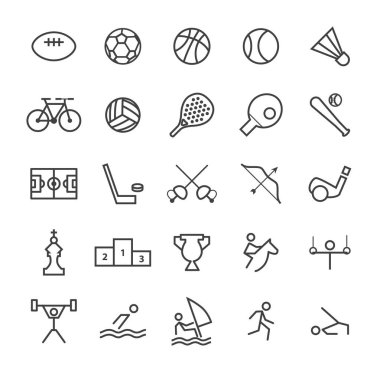 İzole edilmiş Kaliteli Evrensel Minimum Basit Spor Siyah Çizgi Simgeleri Beyaz Arkaplanda. Yazdır