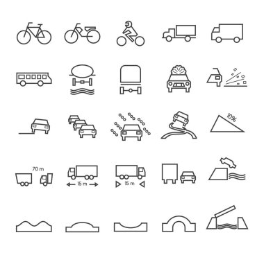 Genel Kalite Standardı Minimum Siyah İnce Çizgi Trafik İşaretleri Beyaz Arkaplanda Simgeleri 