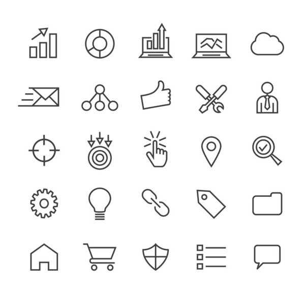 Set of Quality Isolated Universal Standard Minimal Simple SEO and Development Black Thin Line Icons on White Background.
