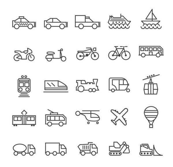 Set of Quality Universal Standard Minimal Simple Transport Black Thin Line Icons on White Background.