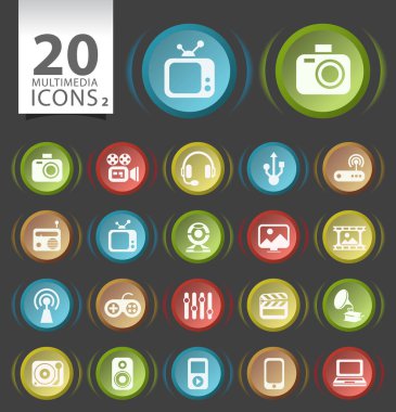 Siyah Arkaplanda Düz Çokluortam Simgesi Olan 20 Dairesel Modern Zarif Düğme