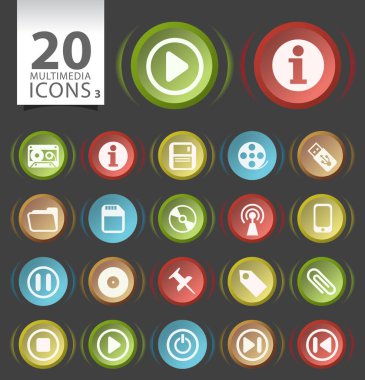 Siyah Arkaplanda Düz Çokluortam Simgesi Olan 20 Dairesel Modern Zarif Düğme