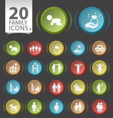 Siyah Arkaplanda Düz Aile Simgeleri olan 20 Dairesel Düğme