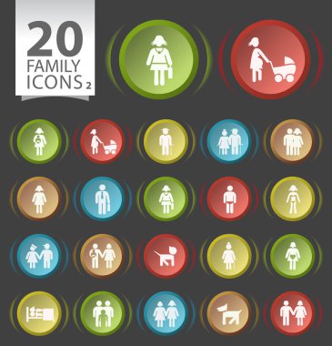 Siyah Arkaplanda Düz Aile Simgeleri olan 20 Dairesel Düğme