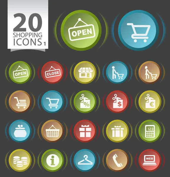 Set Botones Circulares Colores Con Iconos Planos Compras Sobre Fondo — Vector de stock