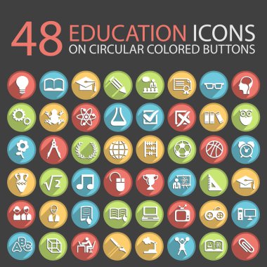 48 Education Icons on Circular Colored Buttons. clipart