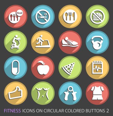 Düz Dairesel Renkli ve Gölgeli Düğmeler Üzerinde Evrensel ve Standart Beyaz Fitness Simgeleri