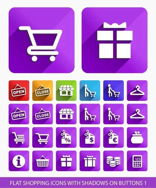 Iconos Planos Compras Botones Cuadrados — Vector de stock