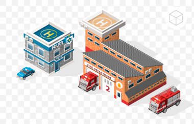 İzole edilmiş Yüksek Kalite Isometric Şehir Elementleri. Şeffaf Arkaplan 'da İtfaiye ve Polis Merkezi.