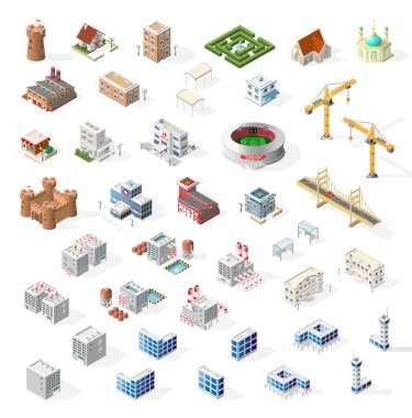 Harita için Gerçekçi Isometric Yüksek Kalite Şehir Elementi Koleksiyonu. Binalar.