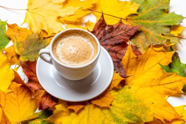 Sonbahar yapraklarının arka planında çay tabağında kahve olan beyaz bir kupa. Beyaz arkaplanda izole et