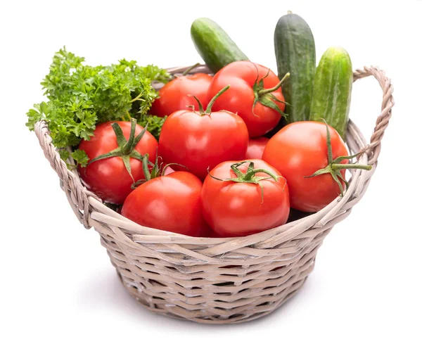Cesta Con Verduras Tomates Pepinos Perejil Una Canasta Aislar Sobre — Foto de Stock