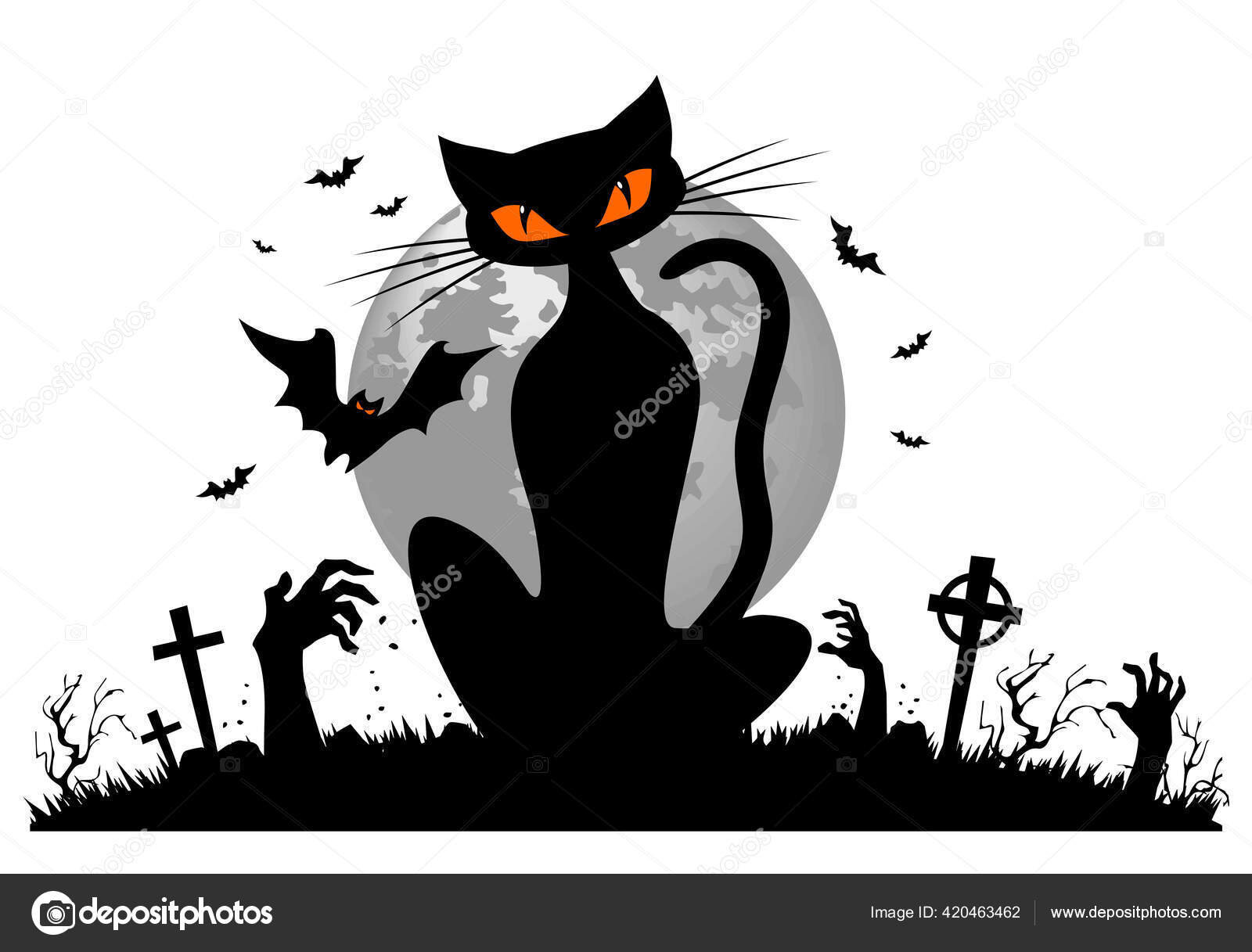 Black Cat Background Full Moon Bats Graveyard Zombie Hands