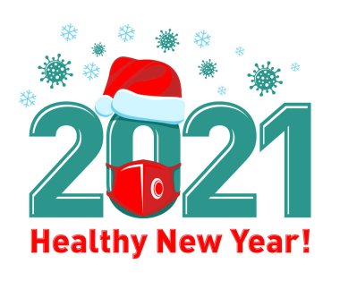 2021 Sağlıklı Yeni Yıl Posteri ya da Noel Baba şapkası ve kırmızı maskeli logo. Grip koronavirüsünü durdur. Şeffaf arkaplanda vektör