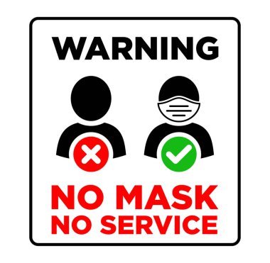 Kapılar için yüz maskesi gerekiyor. Maskeli adam ikonu. Restoran, kafe ve perakende sektörü için uyarı levhası. Maske yoksa, servis de yok. Resimler, şeffaf arkaplan üzerindeki vektör
