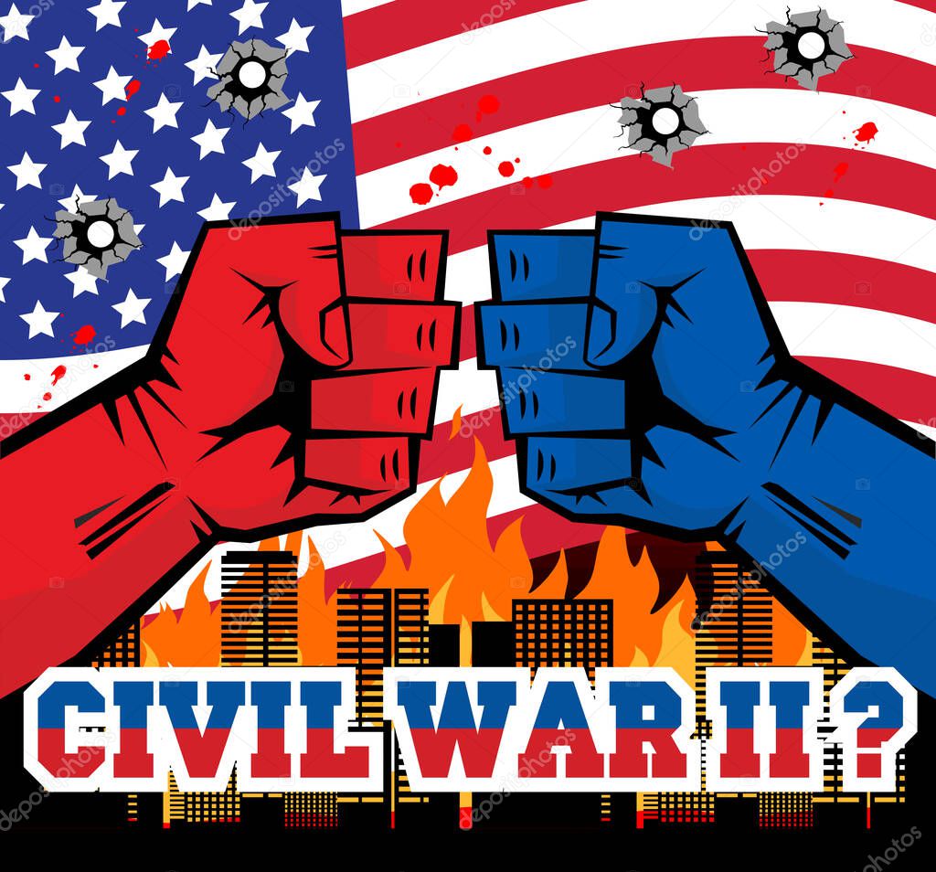 Republican vs Democrat fists for American president with words Civil War II? on background burned city and shot through flag . Vector