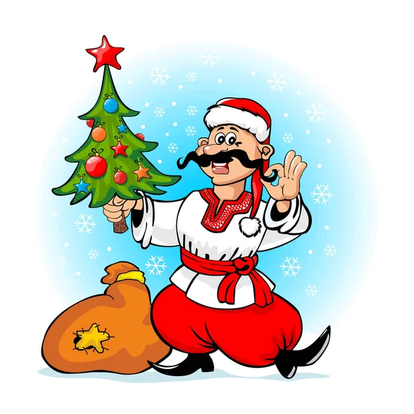 サンタクロースの帽子のクリスマスウクライナのコサック彼の手にクリスマスツリーを保持します グリーティングカード透明背景のベクトル — ストックベクタ
