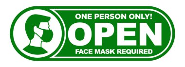 Giriş kapısında açık tabela var. Şeffaf arkaplanda yeşil etiket var. Sadece bir kişi girebilir. Yüz maskesi gerekli. Görüntü, vektör