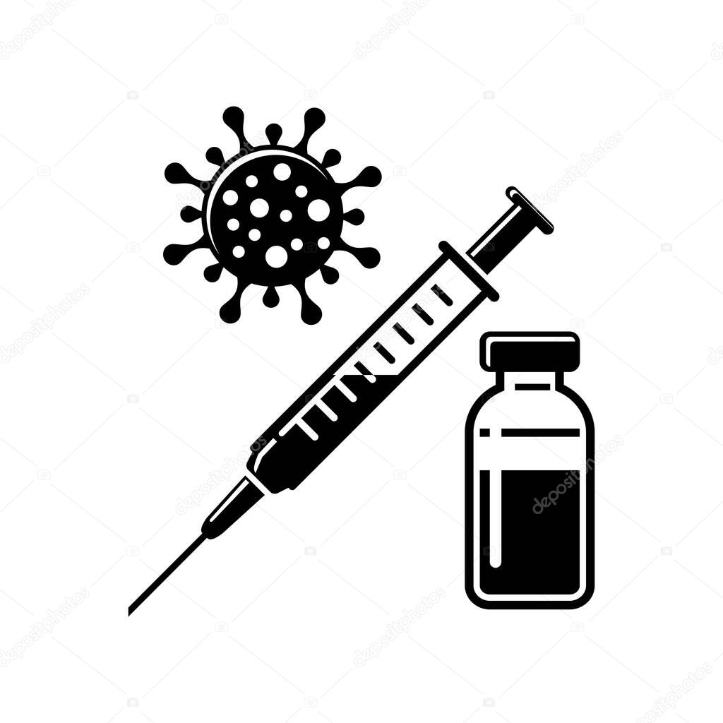 Medical syringe with needle and vial with coronavirus vaccine.  Flat style concept of vaccination. Vector icons on transparent background
