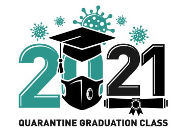 2021 karantina mezuniyet sınıfı. Broşürler, tebrik kartları, balo davetiyeleri, tişört üniformaları için amblemler. Şeffaf arkaplanda vektör