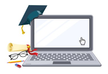 Laptop konseptinde E-öğrenme. Çevrimiçi eğitim. Ekran monitörü kopyalama alanı. Vektör