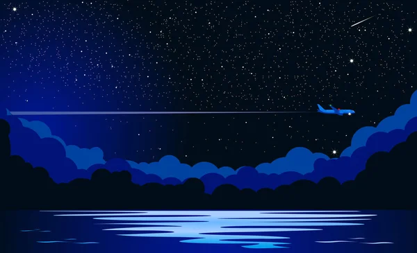 Авиалайнер Летает Ночью Через Звездное Небо Над Морем Океаном Иллюстрация — стоковый вектор