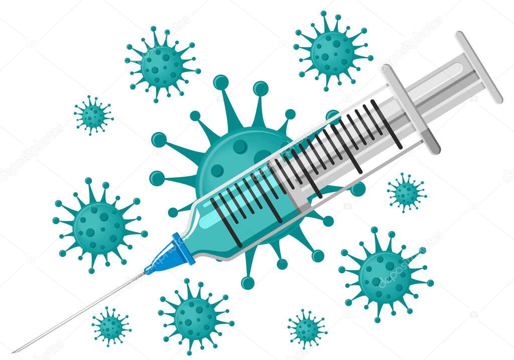 Virus protection concept. Realistic drawing of a syringe with a vaccine and coronavirus bacteria. Flat design, vector