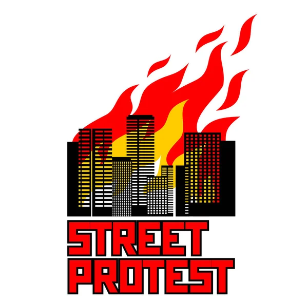 Straßenproteste Und Zusammenstöße Der Stadt Feuer Brennende Mehrstöckige Häuser Flaches — Stockvektor
