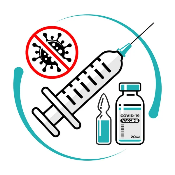 Covid 19グローバルワクチンコンセプト 注射針付きの医療注射器 薬とバイアルとボトル コロナウイルス警告サインを停止します 透明な背景のベクトル — ストックベクタ