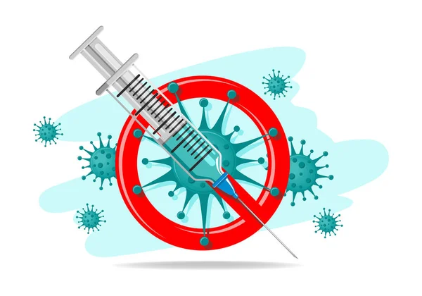 病毒保护概念 用疫苗和考拉韦细菌现实地绘制注射器 阻止眼镜蛇的迹象 平面设计 — 图库矢量图片