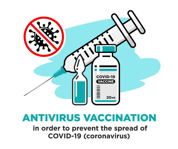 COVID-19 global vaccination concept. Medical syringe with needle, Vial and bottle with the drug, Stop coronavirus warning sign. Vector on transparent background
