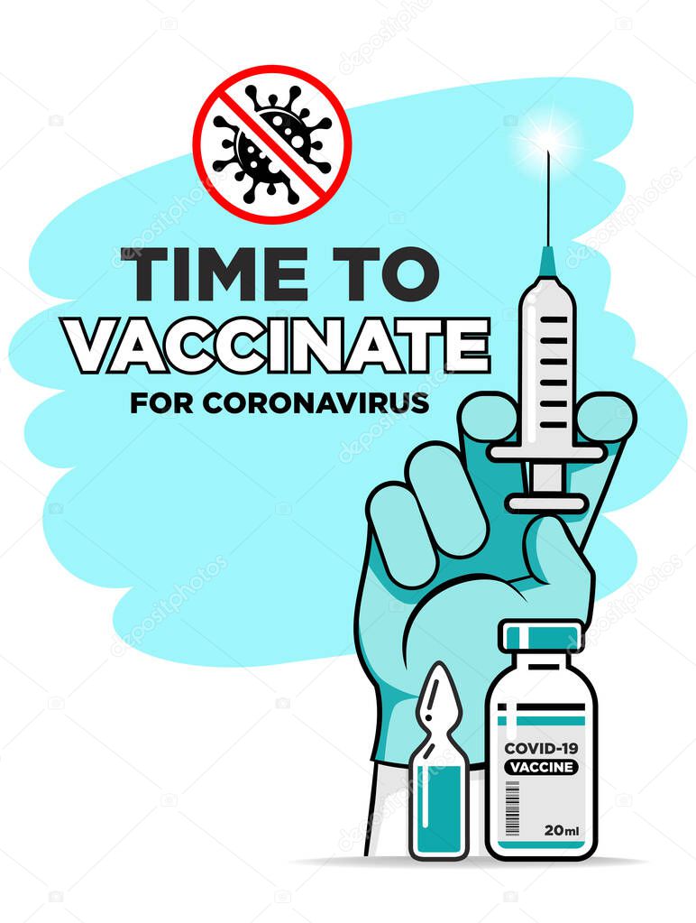 Hand of doctor or nurse in medical glove makes vaccine against coronavirus. Bottle and vial containing drug for COVID-19. Time to vaccinate poster or website landing page, vector on transparent background