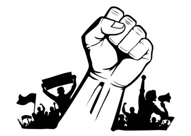 Bayraklar ve flamalarla isyancı kalabalığa karşı protesto yumruğu salladı. Devrim vektör şablonu