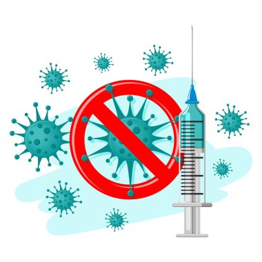 Virüs koruma konsepti. Aşı ve koronavirüs bakterisi olan bir şırınganın gerçekçi çizimi, covid işaretini durdur. Düz dizayn, vektör