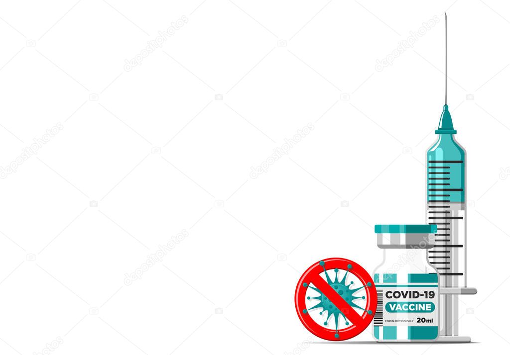 Covid-19 Coronavirus vaccination concept. Vaccine vial and syringe and stop virus sign. Frame for text entry, corner design element. Vector on transparent background
