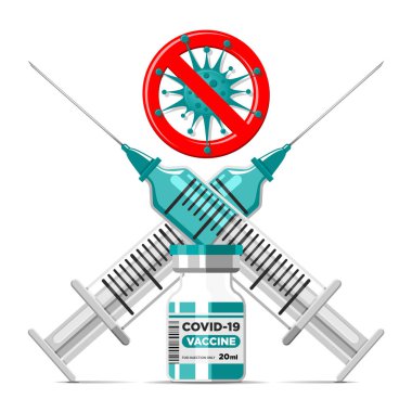 Covid-19 Coronavirus aşısı konsepti. Aşı şişesi ve çapraz şırıngalar, korona işaretini durdurun. Şeffaf arkaplanda gerçekçi bir vektör