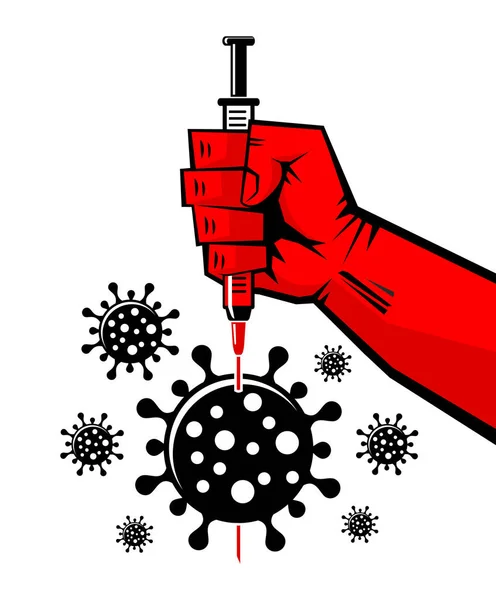 Röd Hand Genomborrar Coronaviruset Med Sprutnål Retro Stil Affisch Transparent — Stock vektor