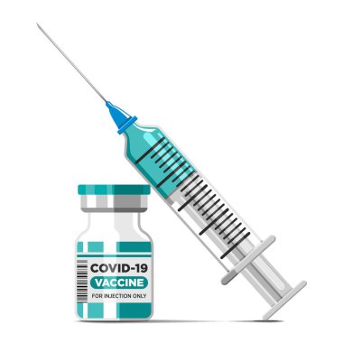 Covid-19 Coronavirus aşısı konsepti. Aşı şişesi ve şırıngayla. Şeffaf arkaplanda vektör şablonu