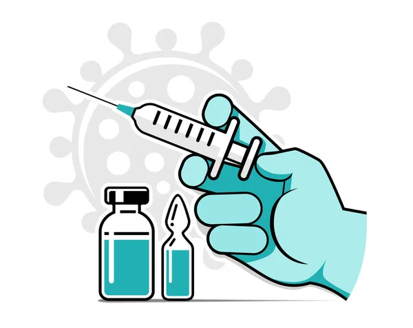医療用手袋の医師や看護師の手は コロナウイルスに対するワクチンを作ります Covid 19用ボトルとバイアル配合医薬品 ポスターやウェブサイトのランディングページをワクチン接種する時間 透明背景のベクトル — ストックベクタ