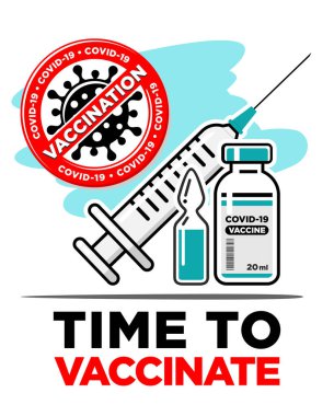 Covid-19 aşı konsepti. Aşı şişesi ve şırınga. Coronavirus işaretini durdur. Şeffaf arkaplanda vektör